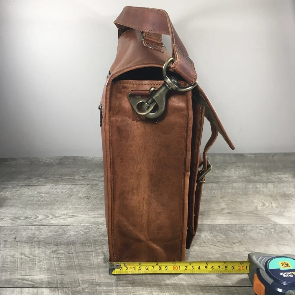 Vtg Waxed Leather Brown School Messenger Briefcase Shoulder Bag Computer Laptop